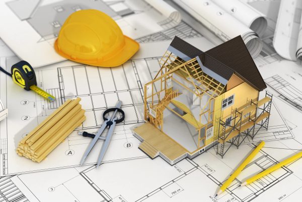 Bouwplan met architectentekeningen, gereedschap en een schaalmodel van een huis in renovatie