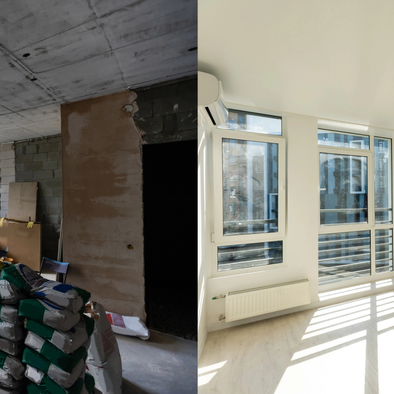 Voor en na renovatie waarbij authentieke elementen zijn behouden en een oud interieur is omgevormd tot een moderne woonruimte