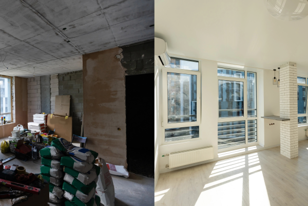 Before and after renovation showing preserved original elements and transformation from an old interior into a modern living space