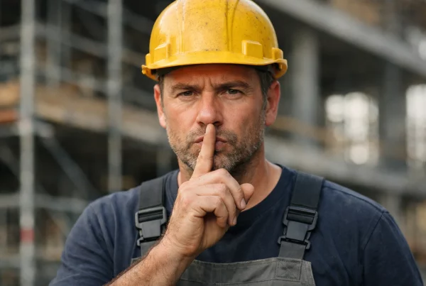 Man met een bouwhelm op een bouwplaats legt zijn vinger op de lippen in een ‘stilte’-gebaar, wat wijst op verborgen kennis of een geheim binnen bouwteams.