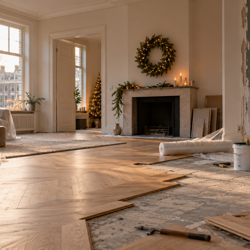 Living room under renovation with tools and building materials shortly before the holidays.