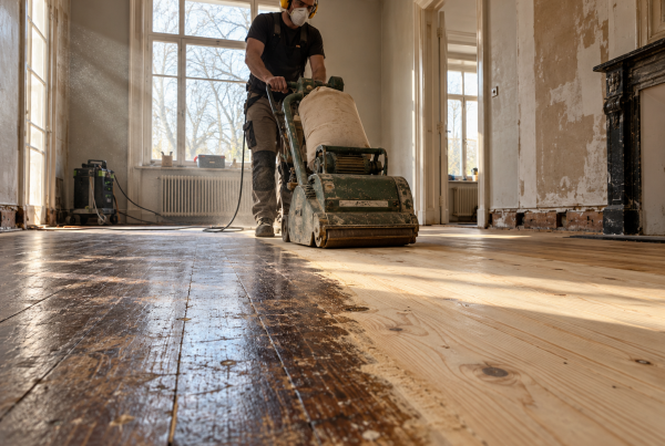 Craftsman sanding a timber floor during a home renovation
