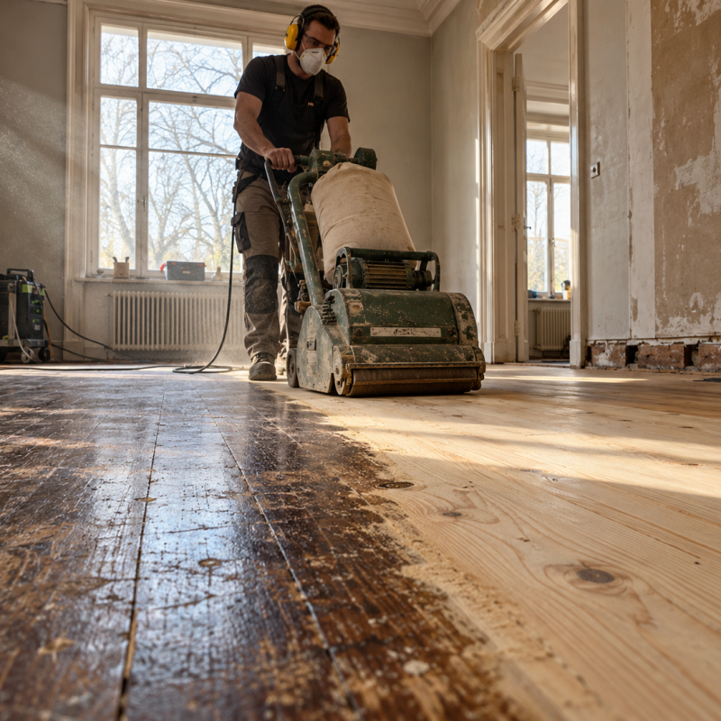Craftsman sanding a timber floor during a home renovation