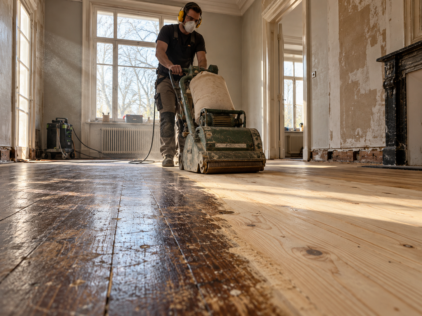 Craftsman sanding a timber floor during a home renovation