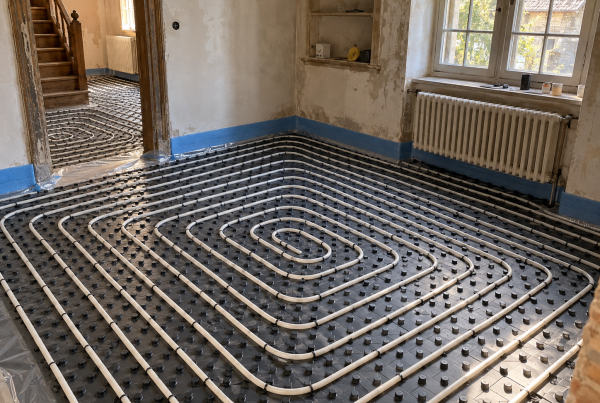 Underfloor heating pipes in an existing home before the screed is laid