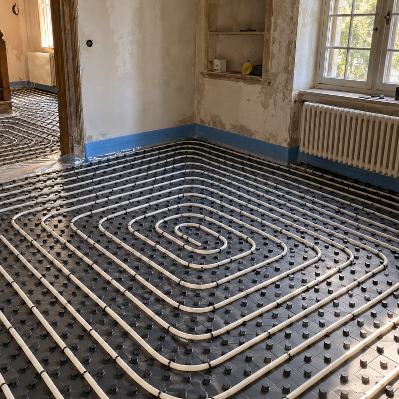 Underfloor heating pipes in an existing home before the screed is laid