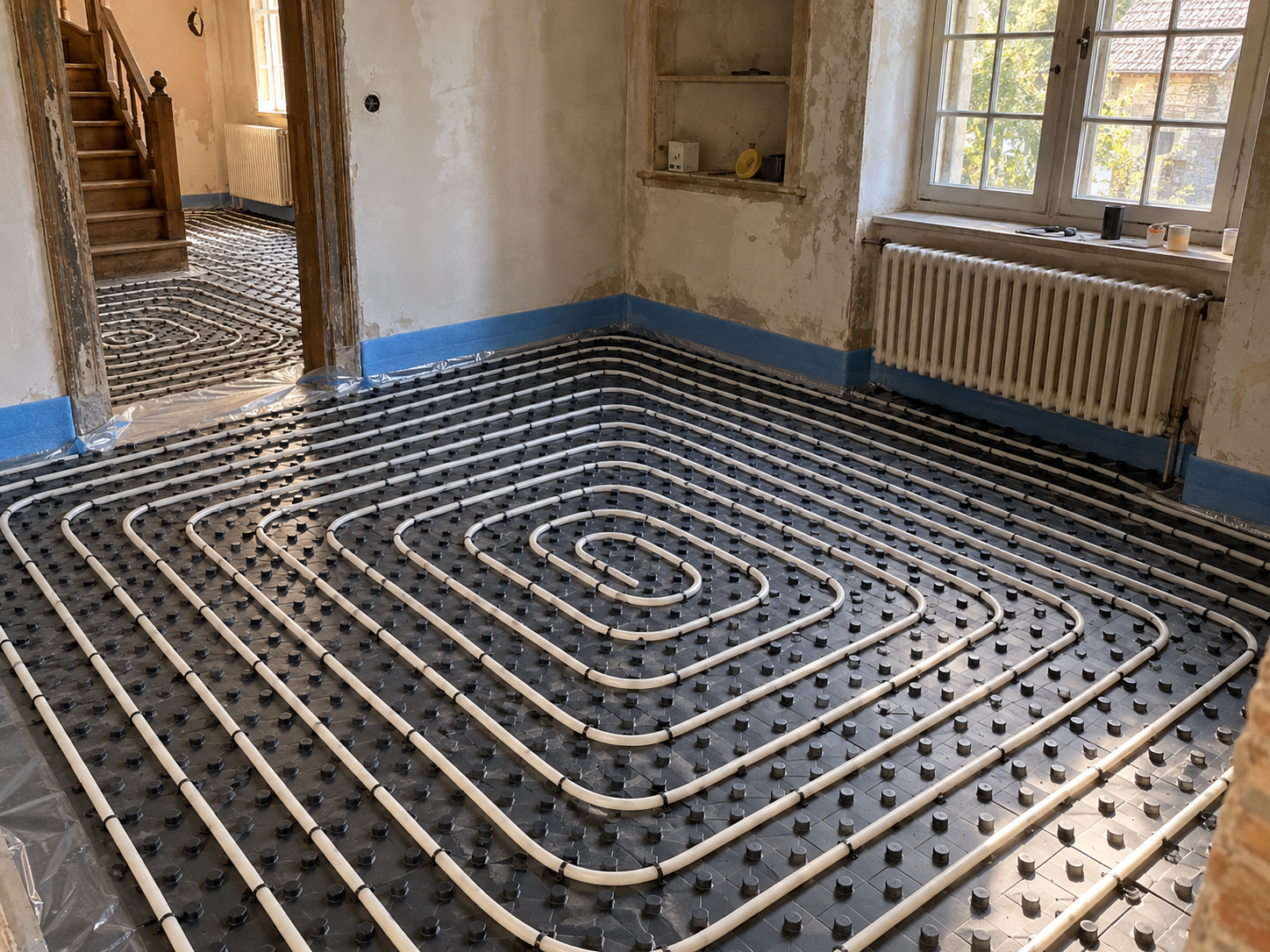 Underfloor heating pipes in an existing home before the screed is laid