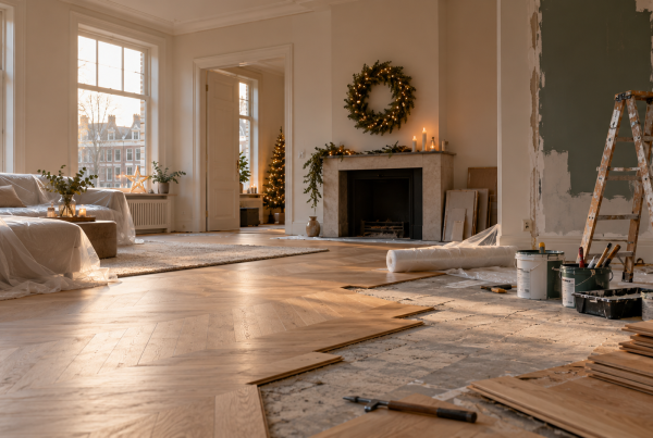 Woonkamer in verbouwing met gereedschap en bouwmateriaal kort voor de feestdagen