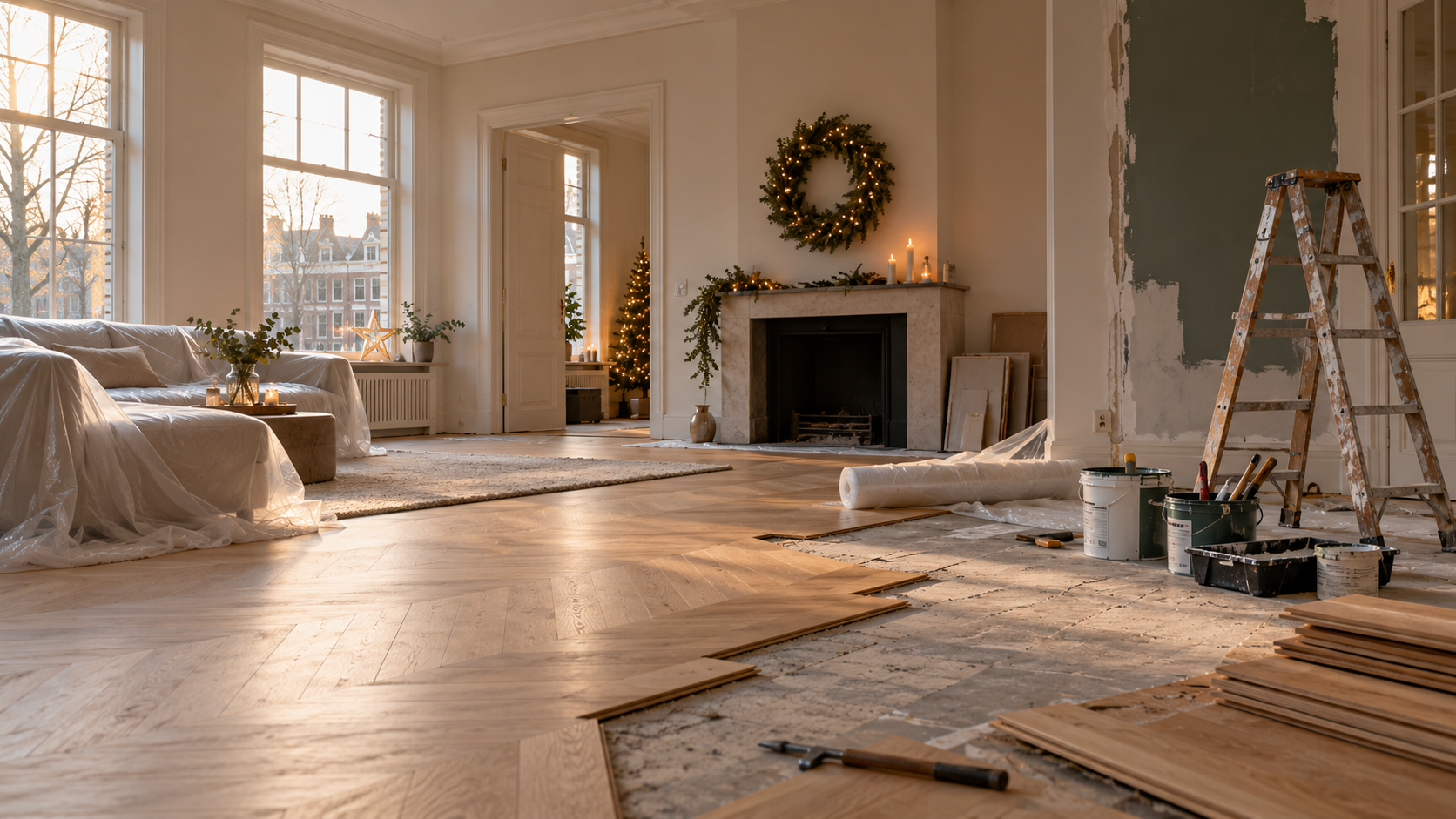Woonkamer in verbouwing met gereedschap en bouwmateriaal kort voor de feestdagen